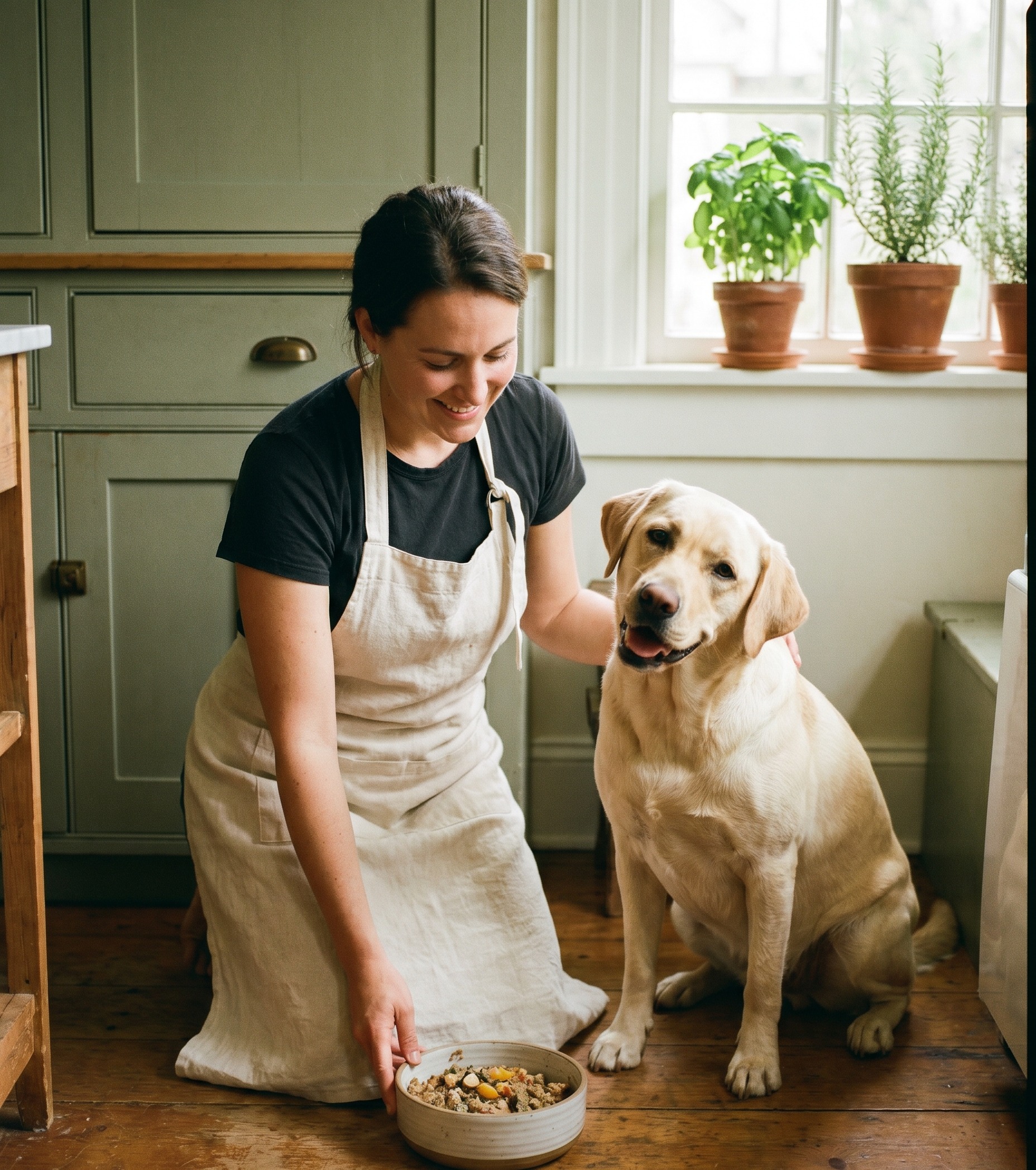 Smiling woman in a linen apron crouched on a sage-green kitchen floor next to a happy yellow labrador with a bowl of homemade food
