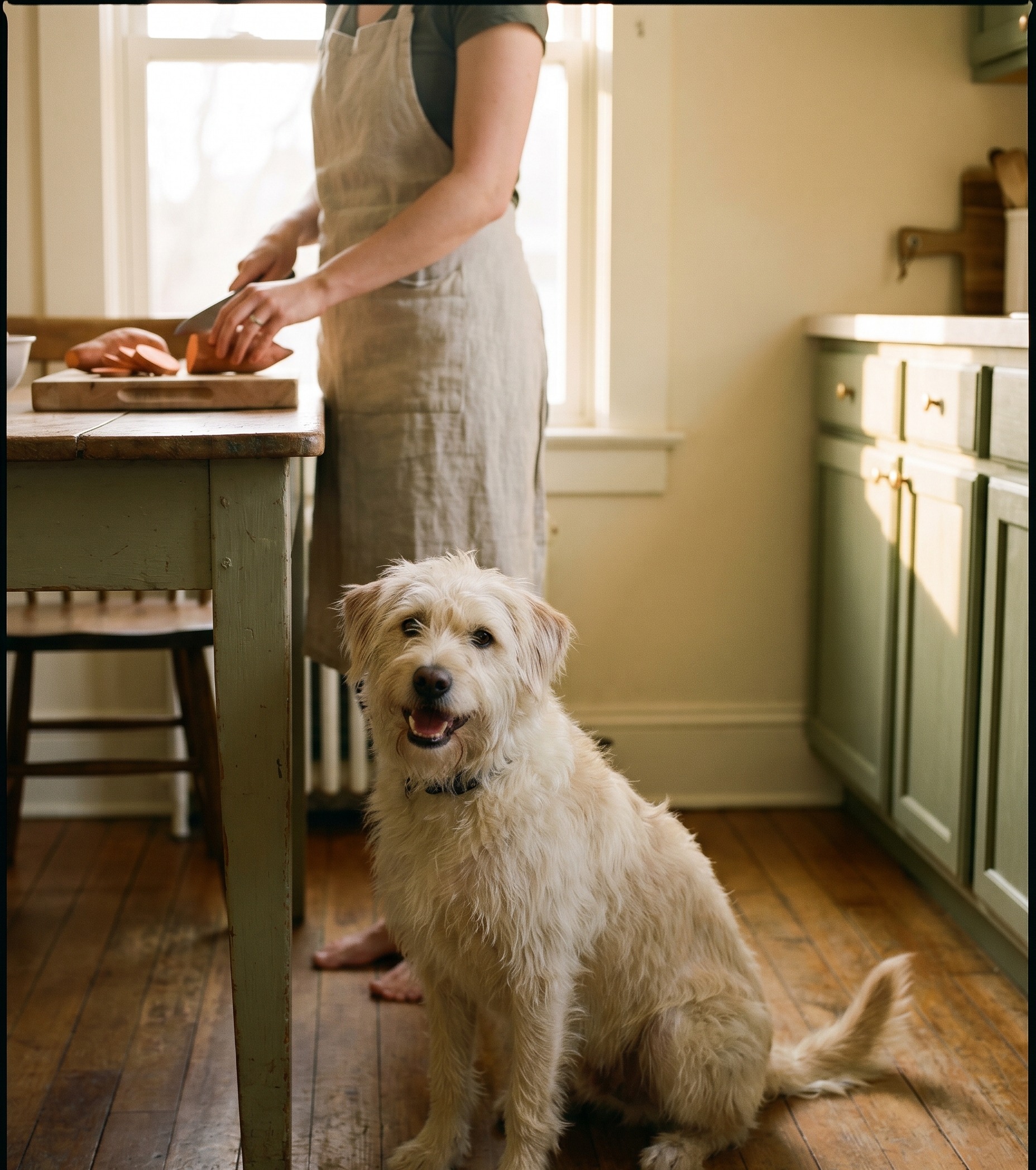 Scruffy cream-coloured dog sitting attentively in a warm kitchen while a person chops sweet potato in the background
