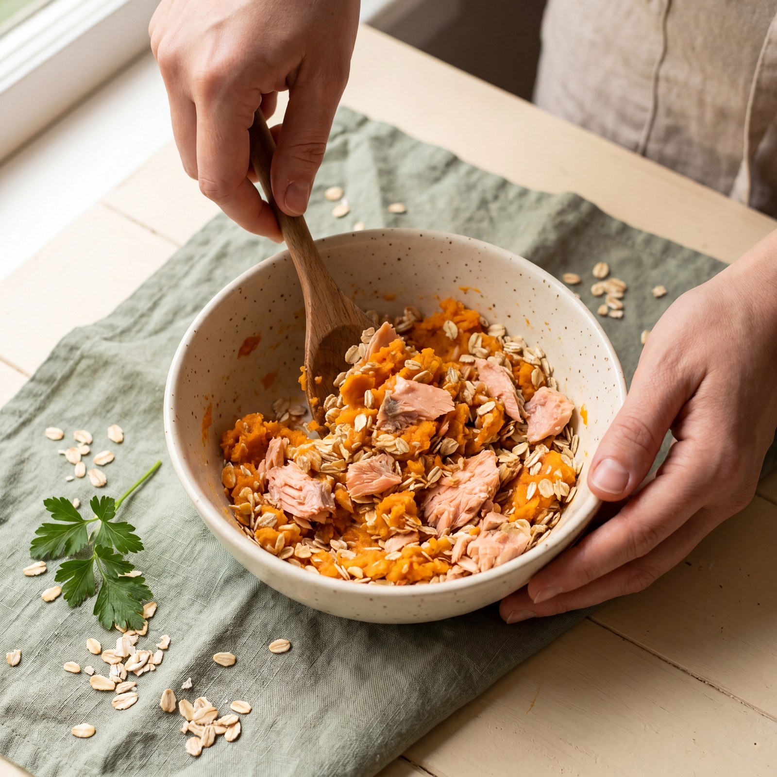 Hands gently mixing canned salmon, mashed sweet potato and oats in a cream ceramic bowl with a wooden spoon