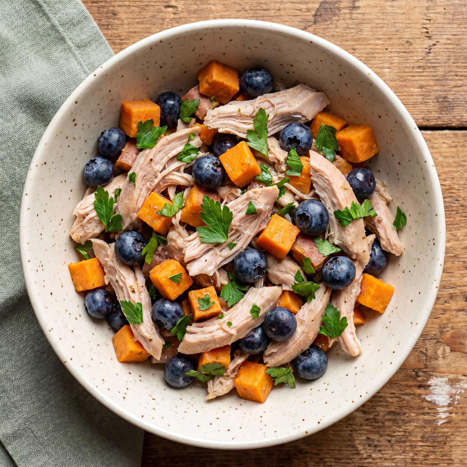 Overhead close-up of a finished bowl of homemade dog food — shredded chicken, blueberries, sweet potato cubes and parsley in a speckled cream ceramic bowl