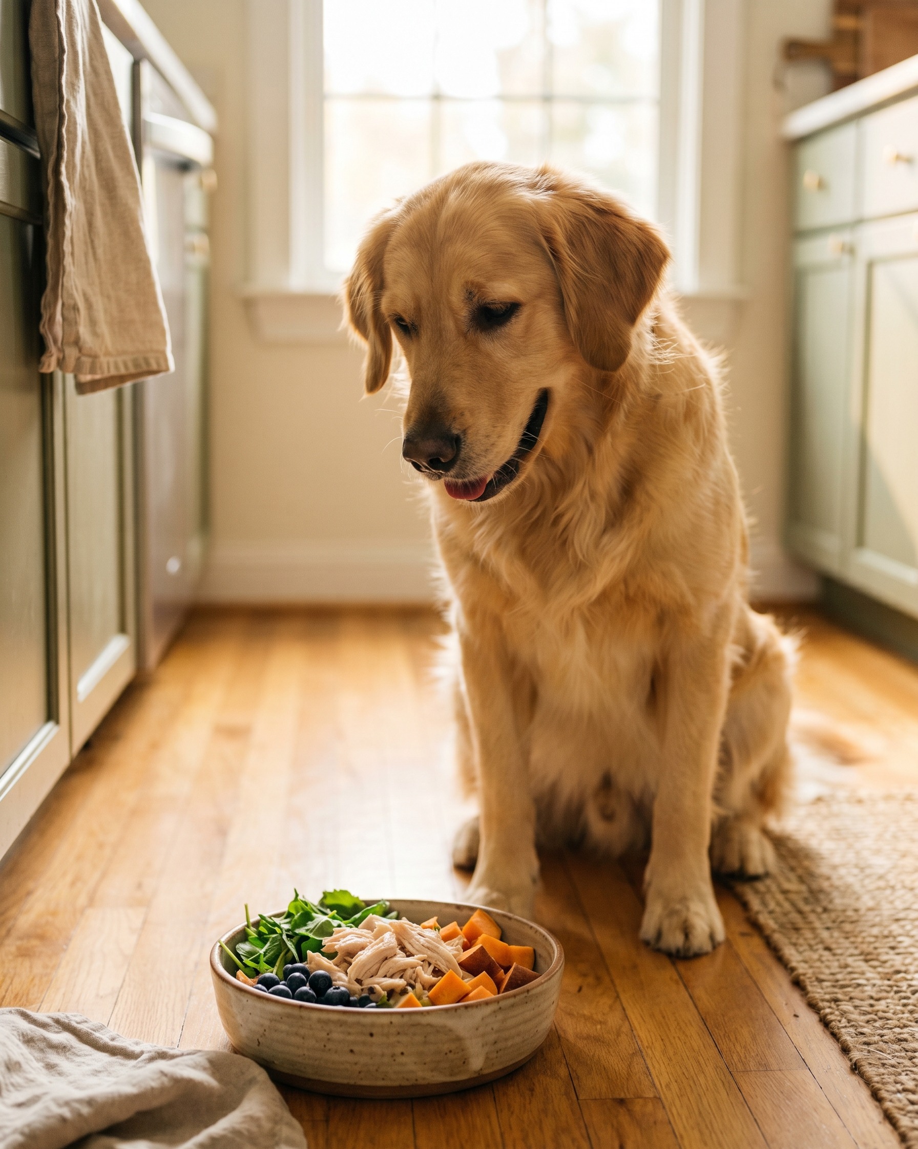 Happy golden retriever sitting next to a ceramic bowl of fresh homemade dog food in a sunlit kitchen